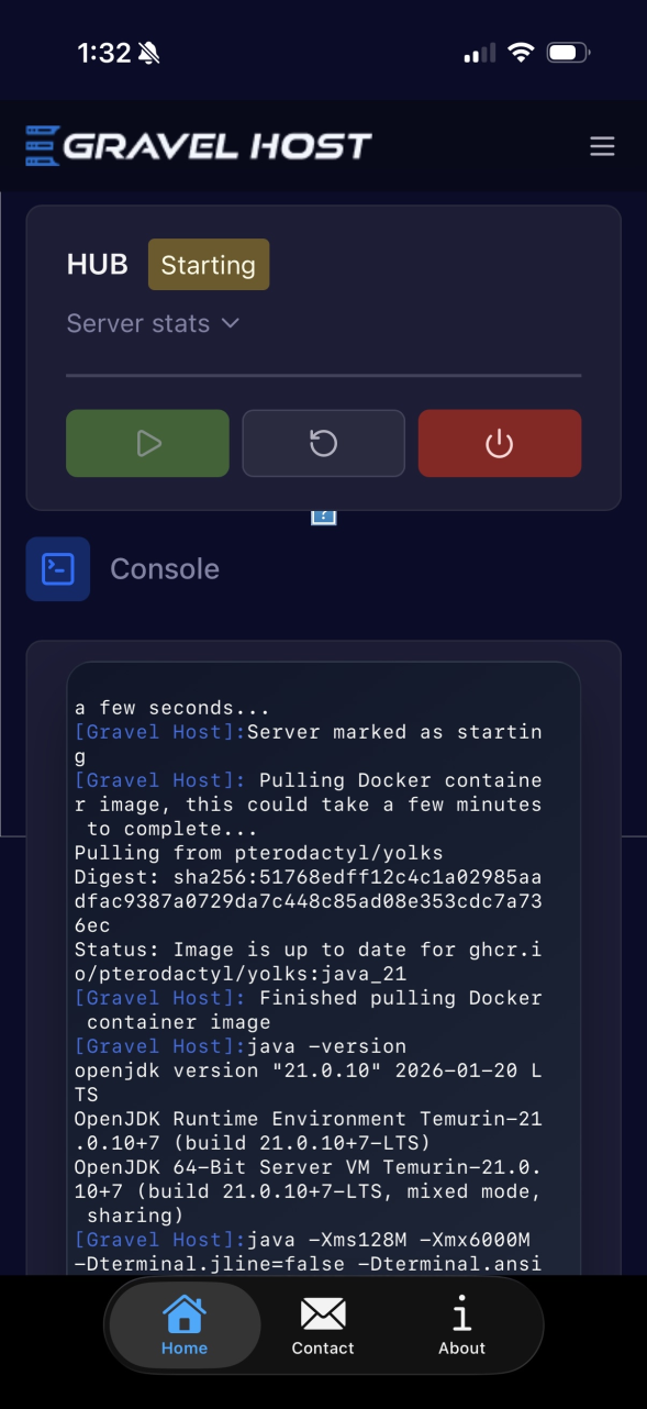 GravelHost app showing the live server console